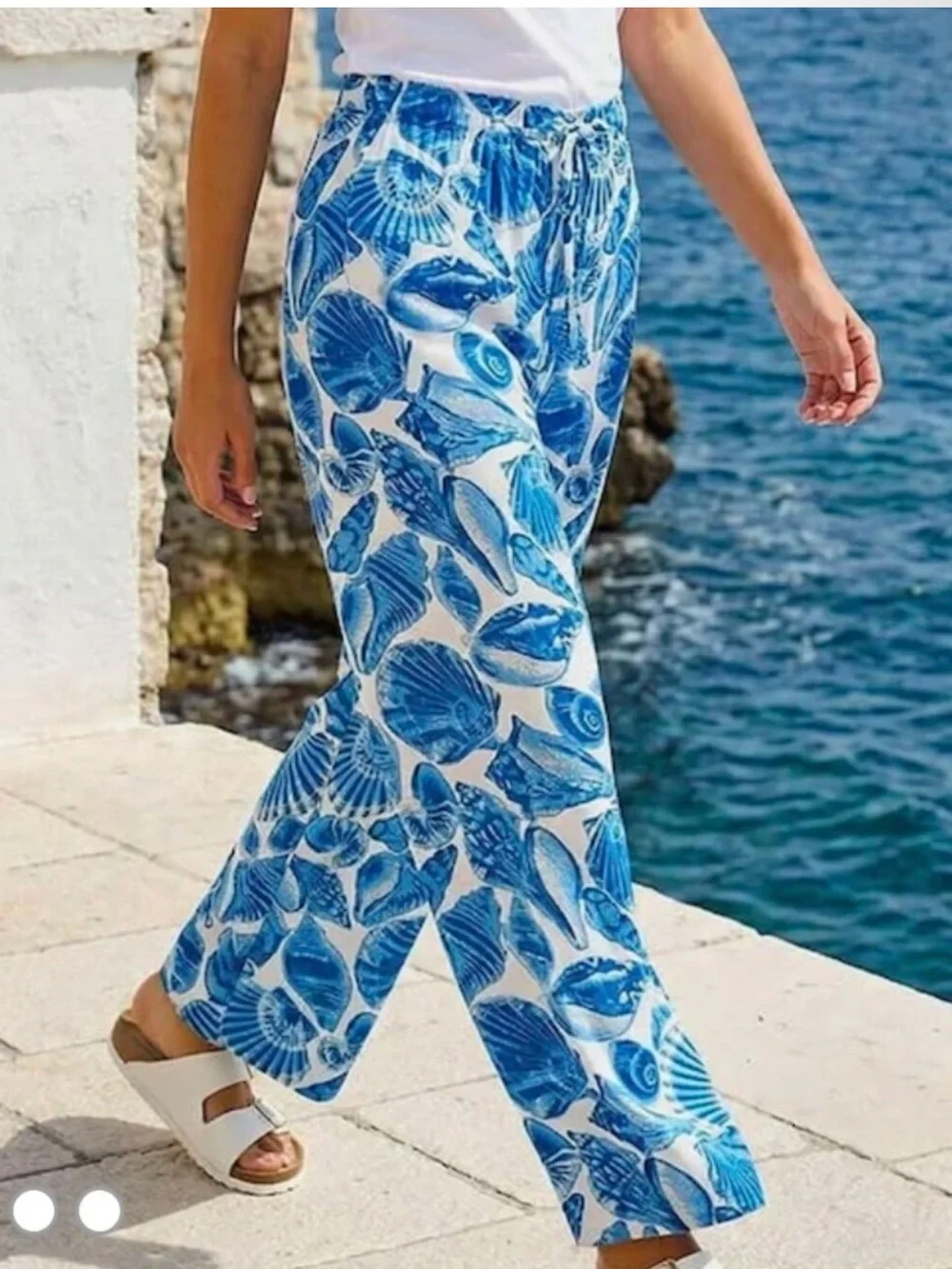 KATHERINE BARCLAY Blue Shell-Print Linen Blend Relaxed Fit Pants—Multi Sizes NWT